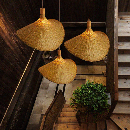 Bamboo Braided Asian Style Pendant Light - Beige 1-Light Suspension Lamp For Table 19.5’/23.5’ W