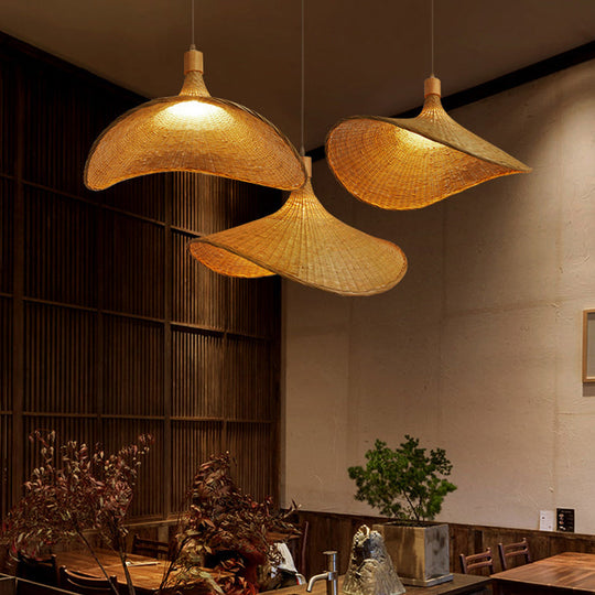 Bamboo Braided Asian Style Pendant Light - Beige 1-Light Suspension Lamp For Table 19.5’/23.5’ W