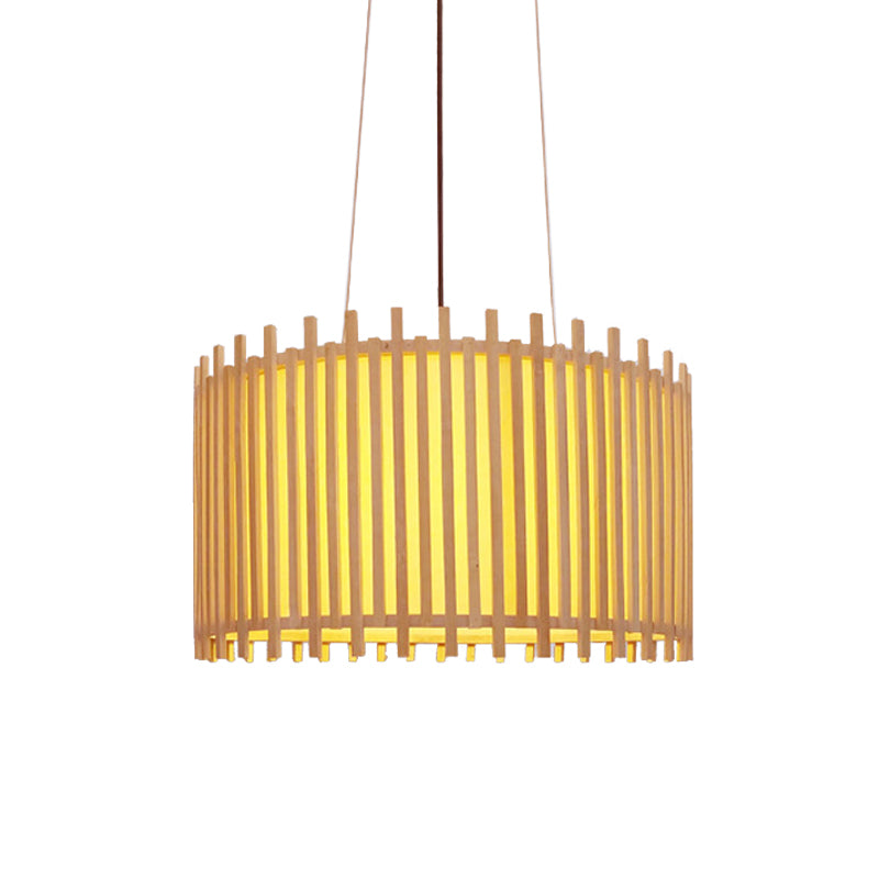 Bamboo Drum Suspension Light - Contemporary Ceiling Pendant In Beige 1 Bulb Wide Design