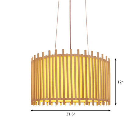Bamboo Drum Suspension Light - Contemporary Ceiling Pendant In Beige 1 Bulb Wide Design