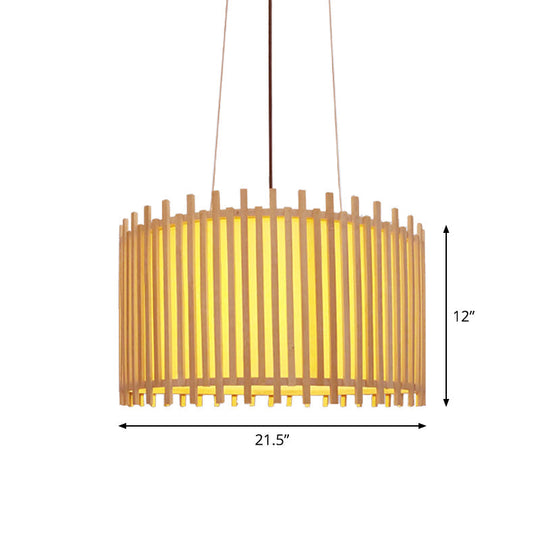 Bamboo Drum Suspension Light - Contemporary Ceiling Pendant In Beige 1 Bulb Wide Design