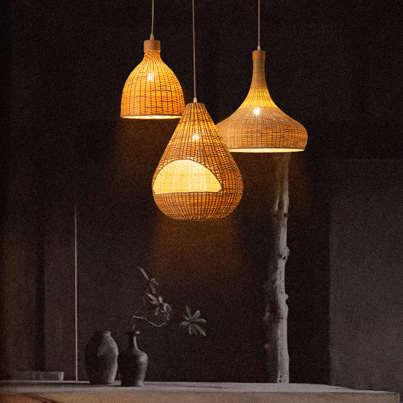 Bamboo Pendant Lighting Asia: Onion Raindrop Bell - Beige Hanging Light Fixture For Table 1