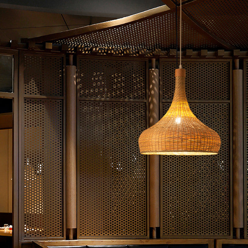 Bamboo Pendant Lighting Asia: Onion Raindrop Bell - Beige Hanging Light Fixture For Table 1