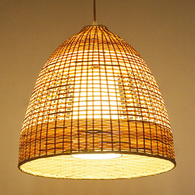 Chinese Bamboo Hand-Twisted Bell Ceiling Pendant Lamp - Single Beige 16’/19.5’ Width Living