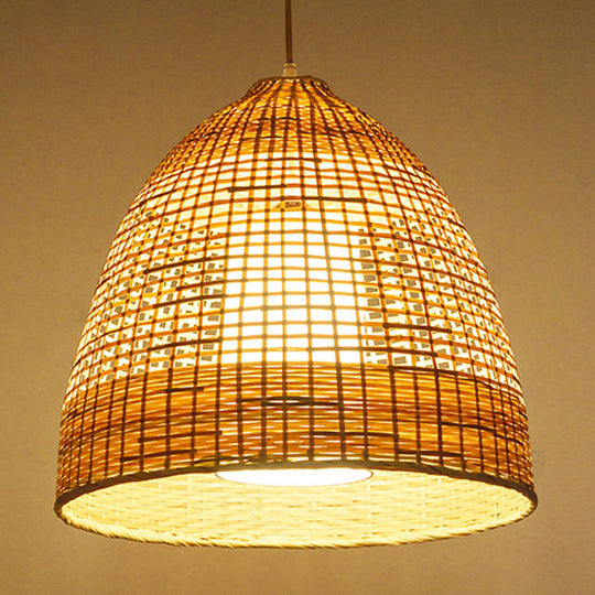 Chinese Bamboo Hand-Twisted Bell Ceiling Pendant Lamp - Single Beige 16’/19.5’ Width Living