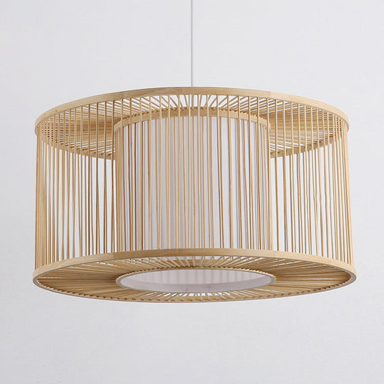 Asia Beige Bamboo Drum Pendant Light For Kitchen Bar - 1-Light Hanging Multiple Sizes Available