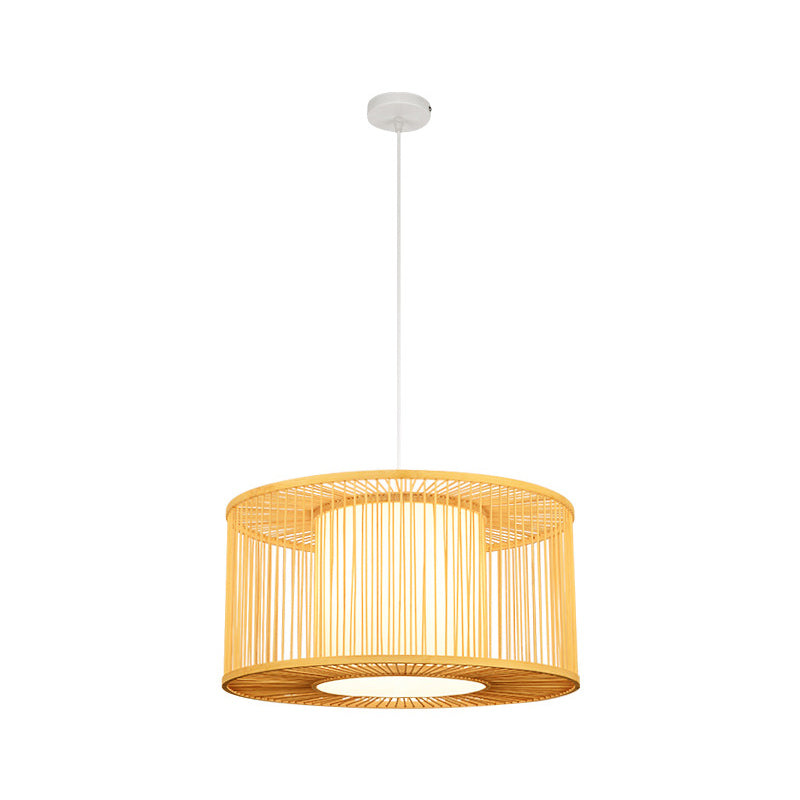 Asia Beige Bamboo Drum Pendant Light For Kitchen Bar - 1-Light Hanging Multiple Sizes Available