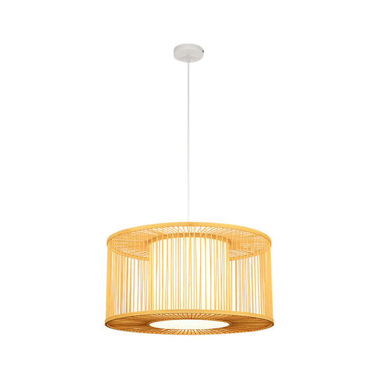 Asia Beige Bamboo Drum Pendant Light For Kitchen Bar - 1-Light Hanging Multiple Sizes Available