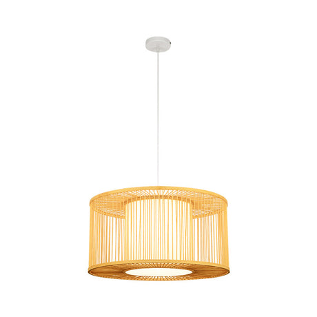 Asia Beige Bamboo Pendant Light For Kitchen Bar - 1-Light Pendulum With Drum Shade Multiple Width