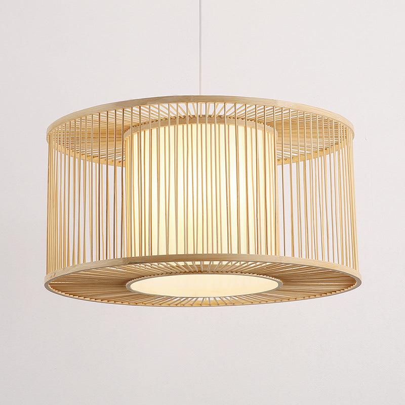 Asia Beige Bamboo Drum Pendant Light For Kitchen Bar - 1-Light Hanging Multiple Sizes Available