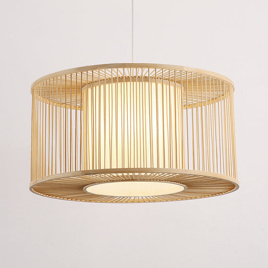 Asia Beige Bamboo Drum Pendant Light For Kitchen Bar - 1-Light Hanging Multiple Sizes Available