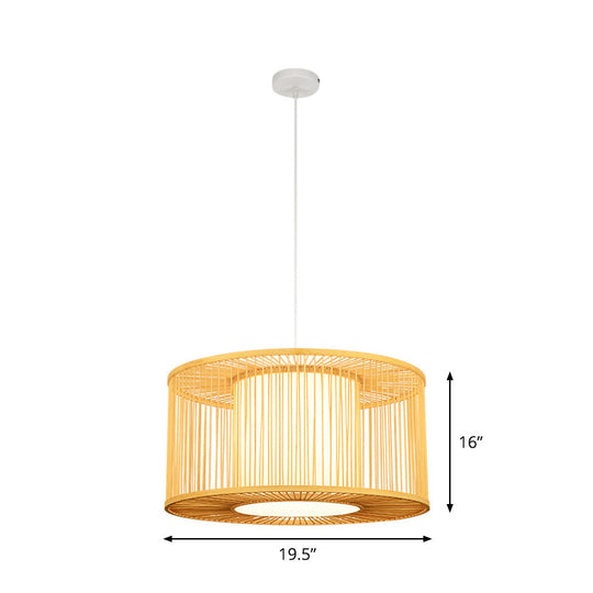 Asia Beige Bamboo Drum Pendant Light For Kitchen Bar - 1-Light Hanging Multiple Sizes Available