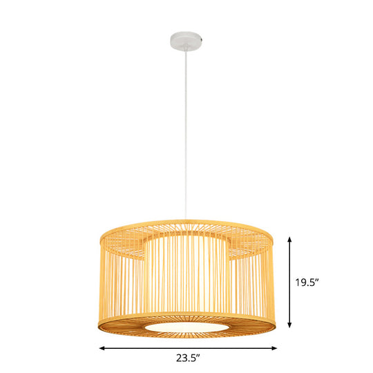 Asia Beige Bamboo Drum Pendant Light For Kitchen Bar - 1-Light Hanging Multiple Sizes Available
