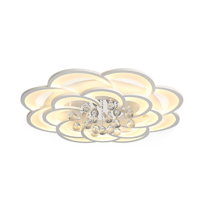 Modern Floral Girls Bedroom Led Flush Ceiling Light With Crystal Ball Drop In White - 20.5/31.5/47