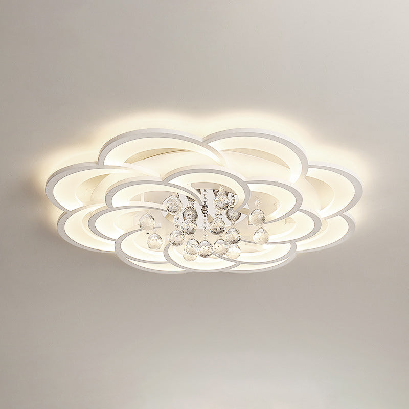 Modern Floral Girls Bedroom Led Flush Ceiling Light With Crystal Ball Drop In White -