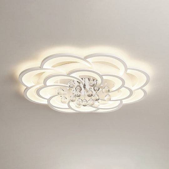 Modern Floral Girls Bedroom Led Flush Ceiling Light With Crystal Ball Drop In White -