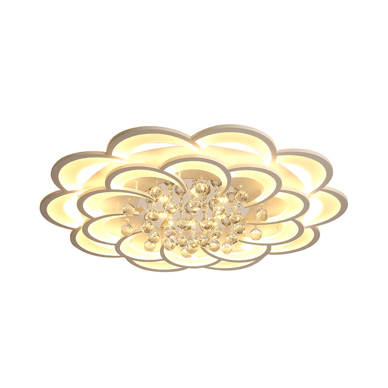 Modern Floral Girls Bedroom Led Flush Ceiling Light With Crystal Ball Drop In White -