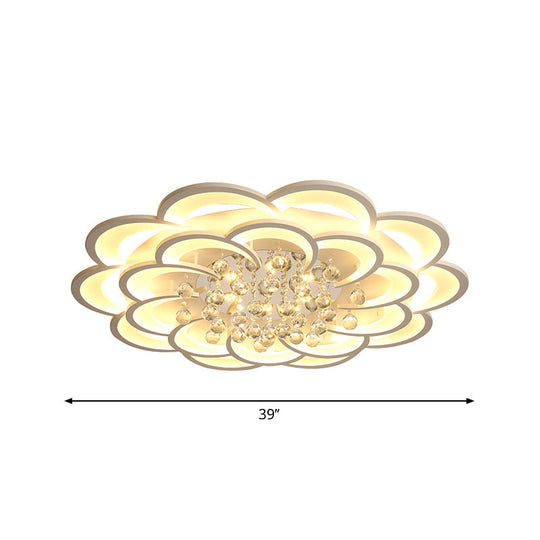 Modern Floral Girls Bedroom Led Flush Ceiling Light With Crystal Ball Drop In White -