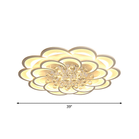 Modern Floral Girls Bedroom Led Flush Ceiling Light With Crystal Ball Drop In White - 20.5/31.5/47