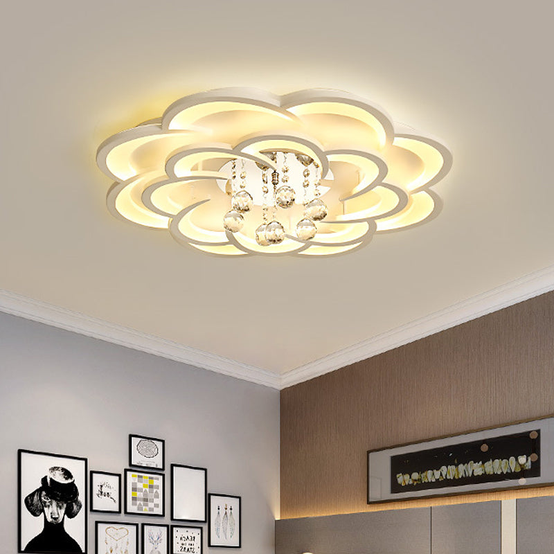 Modern Floral Girls Bedroom Led Flush Ceiling Light With Crystal Ball Drop In White -
