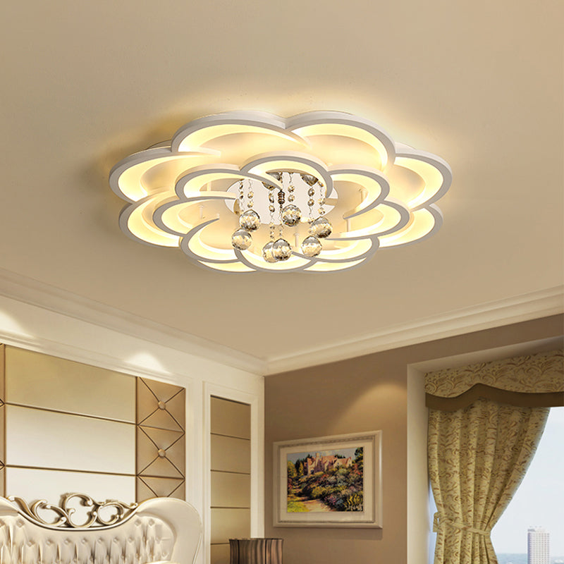 Modern Floral Girls Bedroom Led Flush Ceiling Light With Crystal Ball Drop In White -