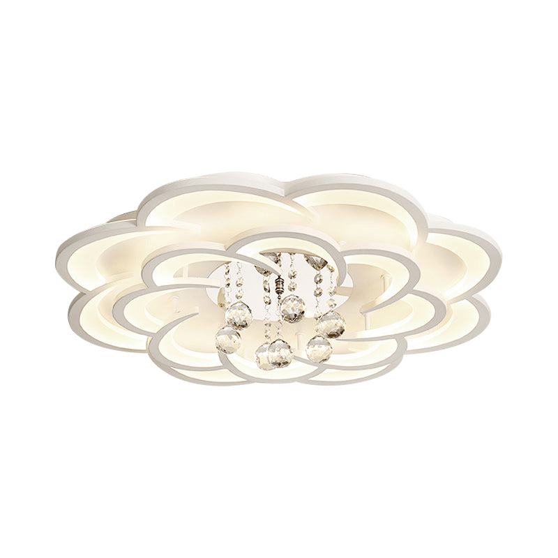 Modern Floral Girls Bedroom Led Flush Ceiling Light With Crystal Ball Drop In White -