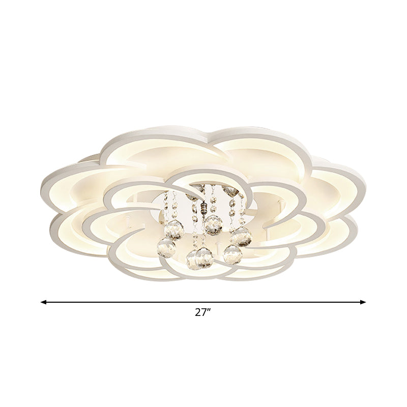 Modern Floral Girls Bedroom Led Flush Ceiling Light With Crystal Ball Drop In White -