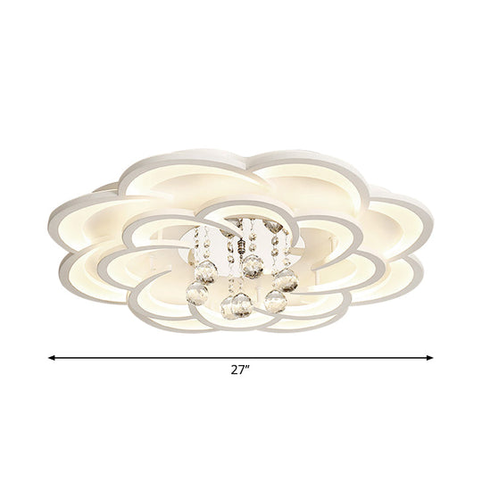 Modern Floral Girls Bedroom Led Flush Ceiling Light With Crystal Ball Drop In White -