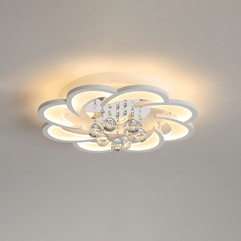 Modern Floral Girls Bedroom Led Flush Ceiling Light With Crystal Ball Drop In White -