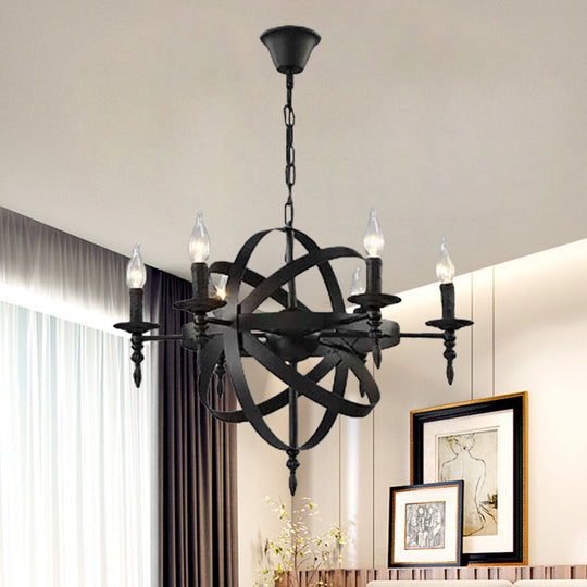 Metallic Chandelier With Spherical Cage Shade - Vintage 6/8 Head Ceiling Light For Restaurants In
