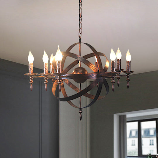 Metallic Chandelier With Spherical Cage Shade - Vintage 6/8 Head Ceiling Light For Restaurants In