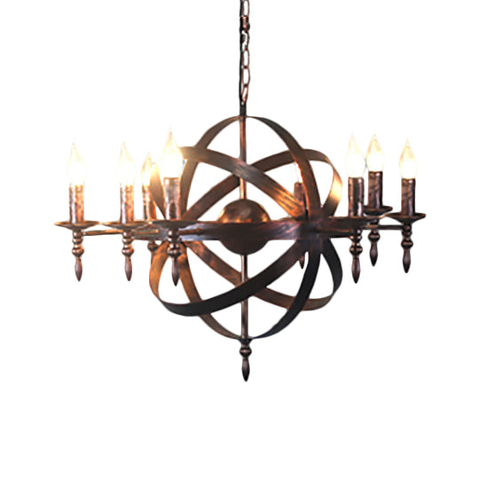 Metallic Chandelier With Spherical Cage Shade - Vintage 6/8 Head Ceiling Light For Restaurants In