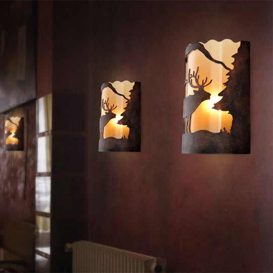 Rust One Light Retro Metal Sconce With Unique Tree/Elk Pattern Stylish Half Cylinder Lighting