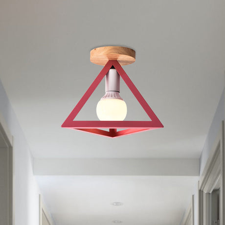 Triangle Ceiling Fixture With Cage Shade Loft-Style 1-Bulb Metal Semi-Flush Mount Light Black/Red