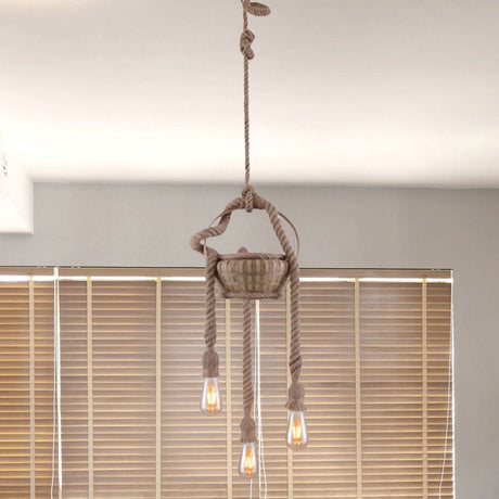 Antique Beige Hemp Rope Chandelier With Bare Bulb - Ideal For Living Room