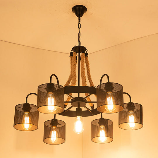 Vintage Style Cylinder Mesh Metal Shade Chandelier: 6-Head Restaurant Hanging Light In Beige