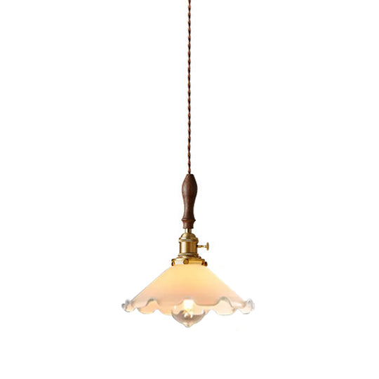 Scalloped Pendant Lamp: Farmhouse Style 1-Light White Glass With Brass Fixture