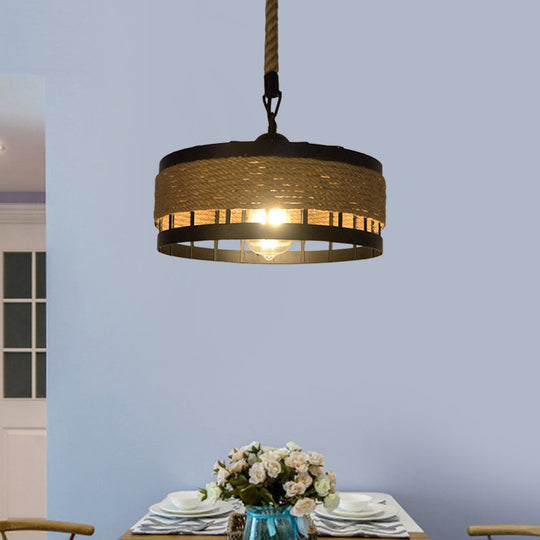 Hemp Rope Drum Pendant Light Country Style 12’/16’ Wide 1-Head Restaurant Hanging Lamp Beige