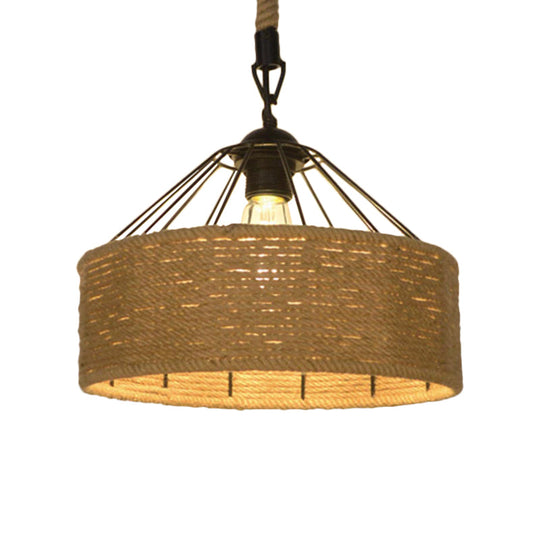 Hemp Rope Drum Pendant Light Country Style 12’/16’ Wide 1-Head Restaurant Hanging Lamp Beige