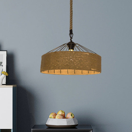 Hemp Rope Drum Pendant Light Country Style 12’/16’ Wide 1-Head Restaurant Hanging Lamp Beige