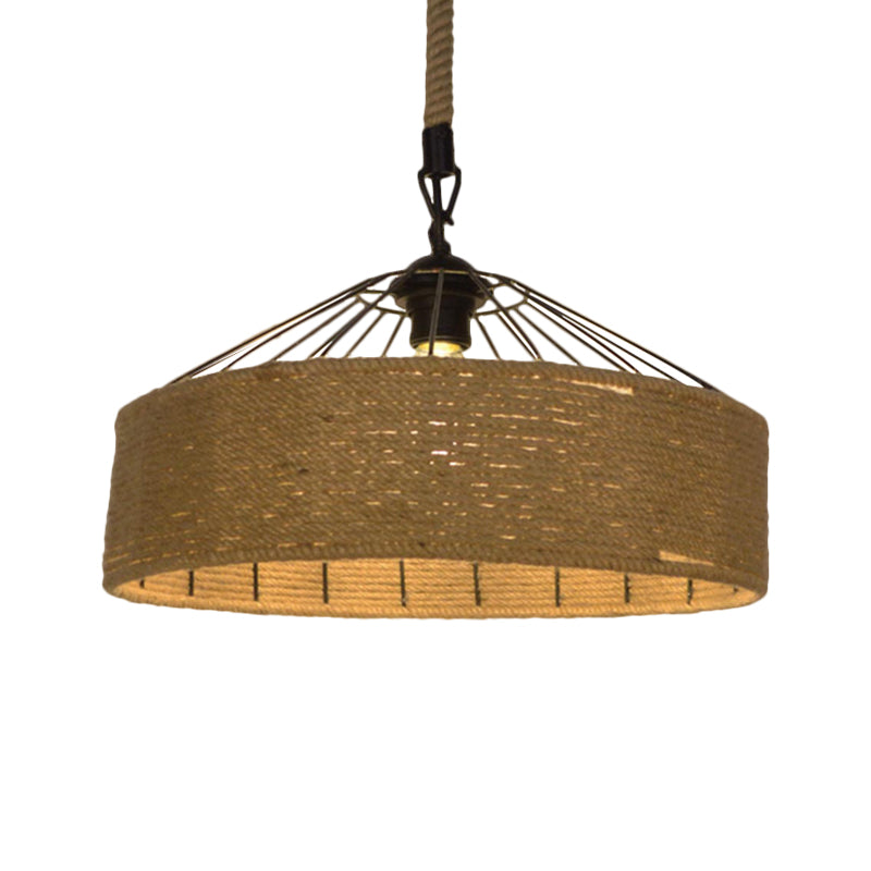 Hemp Rope Drum Pendant Light Country Style 12’/16’ Wide 1-Head Restaurant Hanging Lamp Beige