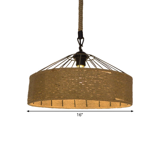 Hemp Rope Drum Pendant Light Country Style 12’/16’ Wide 1-Head Restaurant Hanging Lamp Beige