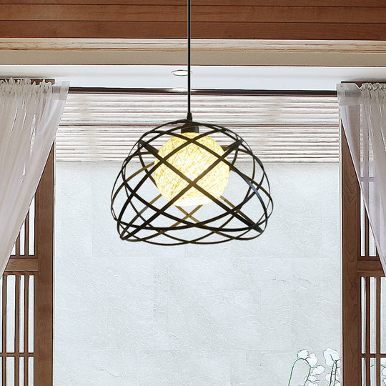 Industrial Metal Wire Cage Pendant Light With Dome Shade - Black