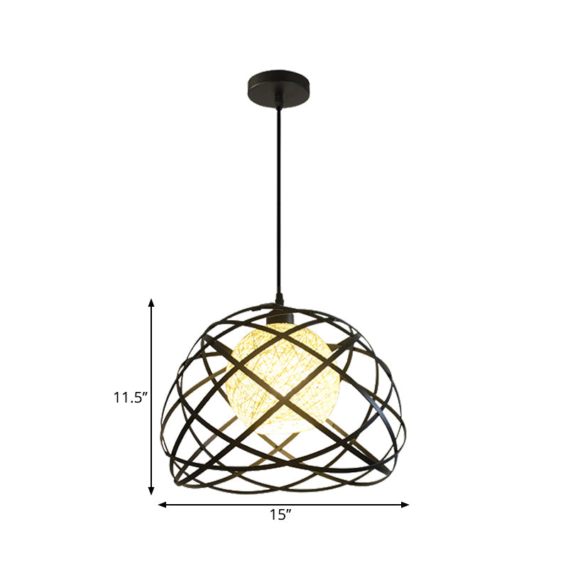 Industrial Metal Wire Cage Pendant Light With Dome Shade - Black