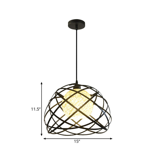 Industrial Metal Wire Cage Pendant Light With Dome Shade - Black