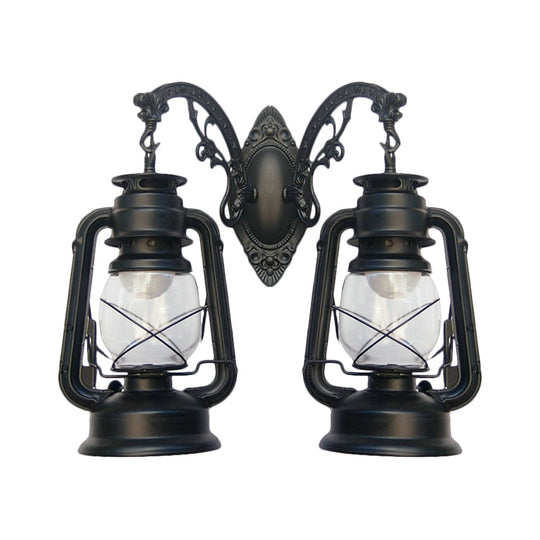 Industrial Lantern Wall Sconce Light Fixture - 2 Bulb Clear Glass Design In A Black/Bronze/Copper