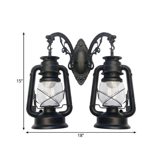 Industrial Lantern Wall Sconce Light Fixture - 2 Bulb Clear Glass Design In A Black/Bronze/Copper