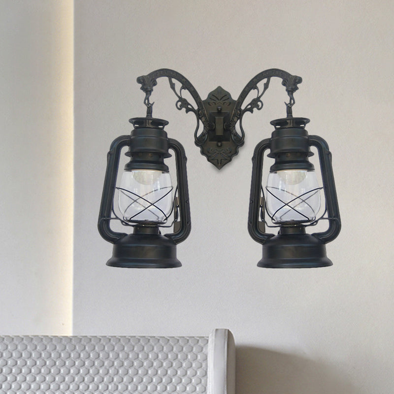 Industrial Lantern Wall Sconce Light Fixture - 2 Bulb Clear Glass Design In A Black/Bronze/Copper