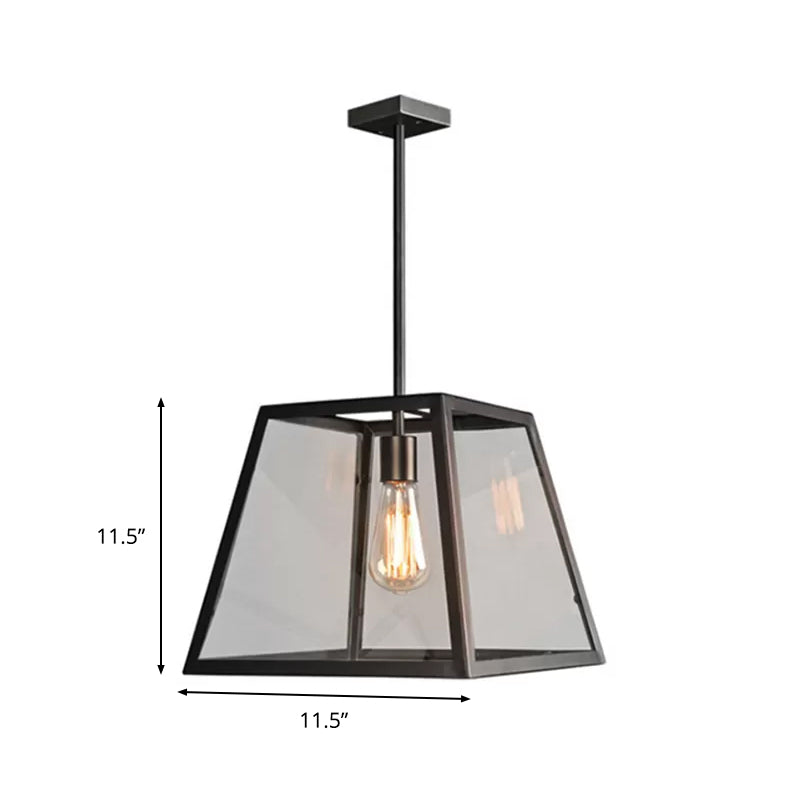 Black Metal And Glass Trapezoid Pendant Light - Traditional Dining Table Suspension Lamp