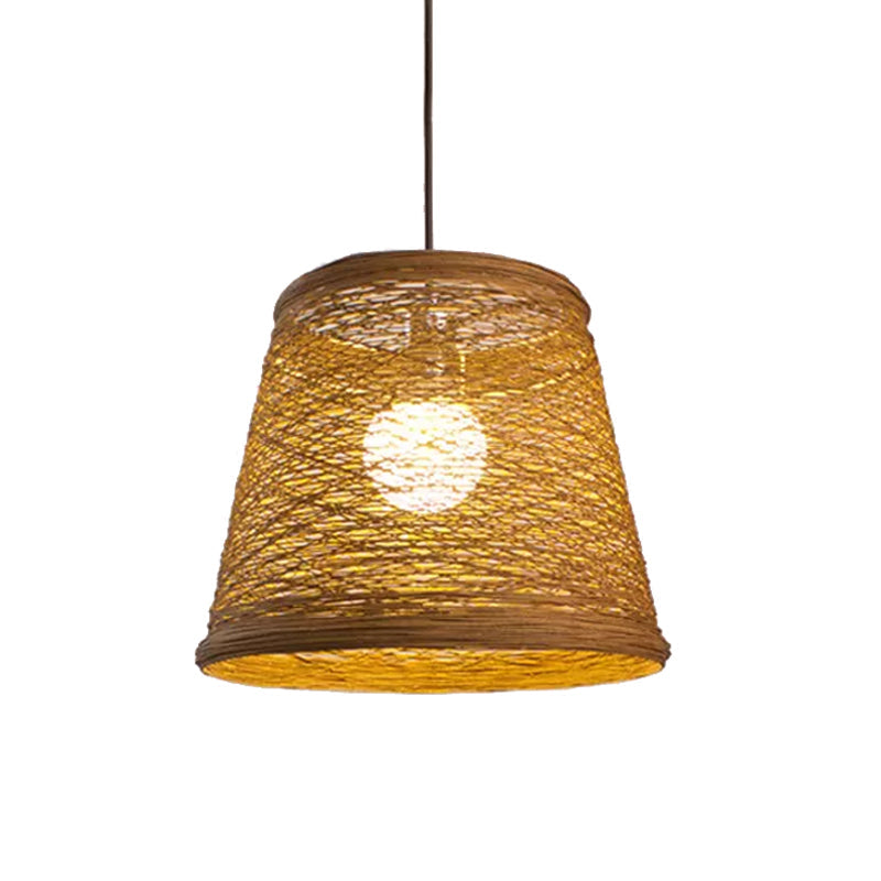 Modern Tapered Drum Rattan Pendant Lamp | Black/Red/Pink 1 Head Ceiling Hang Light For Dining Table
